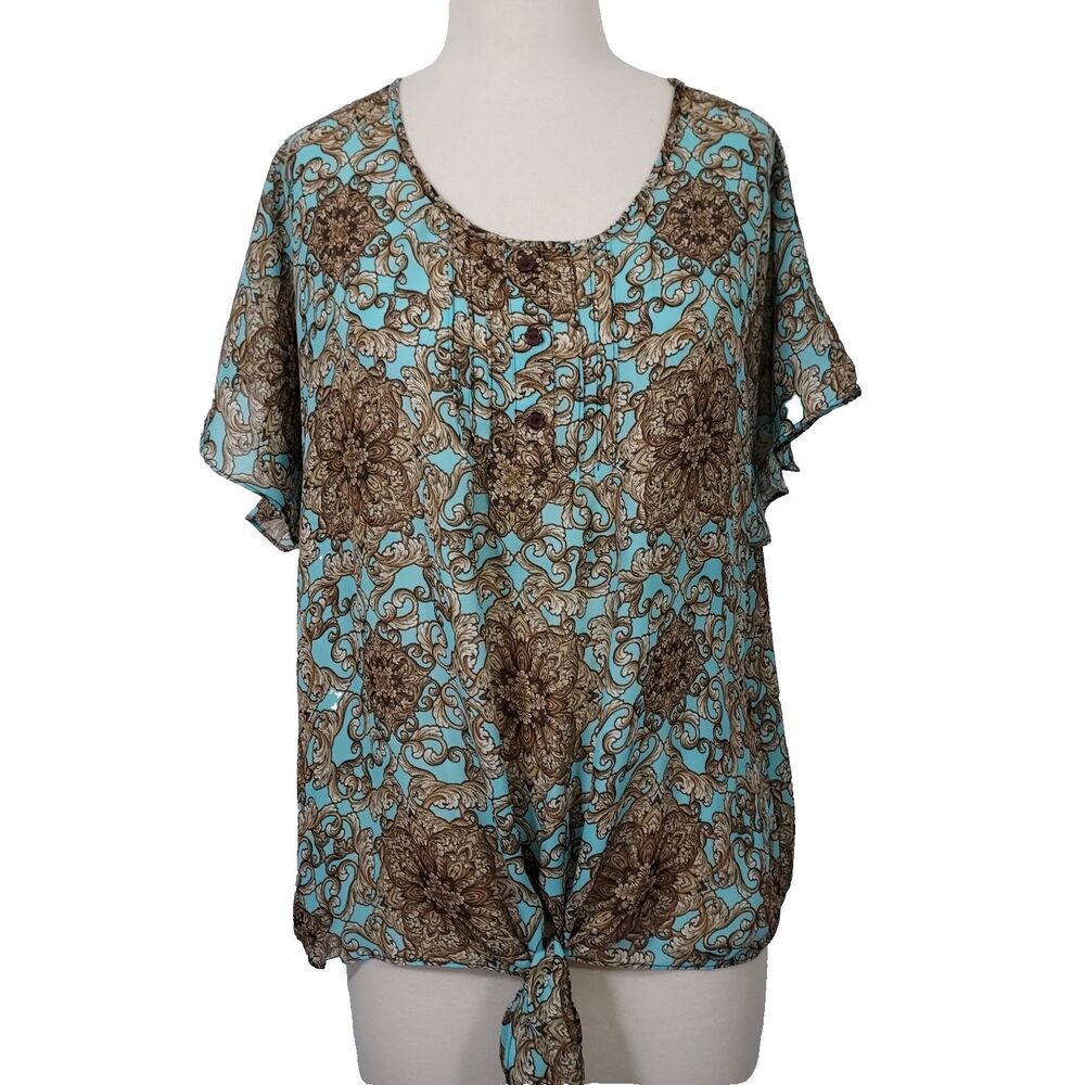 SAMI & JO Women’s Pintucks Pleat Shirt Top Sheer Plus Size 2X Tie Front Blouse